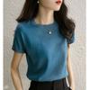 Top de seda brillante de cuello redondo de manga corta para mujer, verano, fino, versátil, holgado, adelgazante, prenda exterior, básico, tejido de seda helada para ir al trabajo