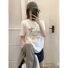 Sweet Ins Blusa Estampada de Estrela do Mar com Laço Feminina Verão Solta Ombro Direito Slim Camiseta Confortável Algodão Puro Manga Curta Tendência