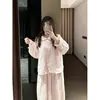 Conjunto de Pijama Feminino Delicado com Bolinhas e Lapela para Mulheres, Outono Plus Size Cardigan Calça Solto Roupa de Casa Pode Ser Usado ao Ar Livre