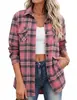 Colección de otoño 2026 Amazon Europa y América comercio electrónico transfronterizo: camisa casual de manga larga para mujer, de cuadros, con botones, con bolsillo, corte holgado