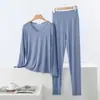 Conjunto de Modal Tallas Grandes para Primavera y Otoño, Cómodo Holgado Casual Cuello en V Manga Larga Pantalones de Cintura Alta Ropa de Casa Conjunto de Dos Piezas