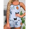 2024 Verão Borboleta Estampa Pijamas terno Camisola e Cinto Elástico Shorts Feminino