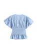 Camisa feminina da marca Z com babados decorativos, mangas bufantes, popular no AliExpress, moda transfronteiriça europeia e americana, azul doce e elegante