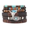 Estilo Occidental Vaquero Europeo y Americano Transfronterizo Cuero Vaca Tau Pino Piedra Alas de Pollo Cáscara de Coco Pulsera de 6 Piezas para Hombre