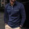 Camisa Polo de Color Sólido de Manga Larga para Hombre Primavera y Otoño Nueva con Bolsillo de Solapa Estampado 3D Pantalones con Cremallera Top Casual para Hombre