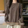 Camiseta Listrada Color Block Retrô de Manga Longa para Mulheres, Top Estilo Preguiçoso Outono/Inverno, Camada Base de Manga Longa