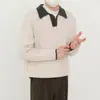 Suéter gola polo canelado, color-block, estilo vintage para homens, caimento casual e relaxado, suéter de tricô solto para outono e inverno