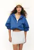 Venta Caliente Europea y Americana Chaqueta Corta con Capucha Azul Klein Cintura con Cordón Mangas Abullonadas Sueltas Chaqueta Transpirable