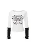 Camiseta de Manga Larga con Bloques de Color Estilo Americano para Mujer, Nuevo Modelo de Primavera con Estampado de Cruz y Tachuelas, Top Corto Ajustado