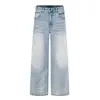 Calça jeans masculina de lavagem clara, modelagem solta, estilo básico, perna larga, perna reta, rasgada, desgastada, calça longa casual, moda de rua punk