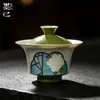 Gaiwan de três talentos com janela de gardênia esculpida Mojibushi, conjunto de chá Kung Fu de cerâmica com lótus pintado à mão, gaiwan para uso doméstico