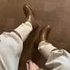 Botas altas de piel de vaca de primera capa + tela para mujer con bloques de color, botas de invierno de cuero genuino con punta redonda y tacón medio hasta la rodilla para mujer