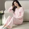 Novo conjunto de pijama de duas peças para outono, com mangas compridas e calças compridas, cardigã com decote V, conjunto de duas peças para casa feminina para transmissão ao vivo e comércio exterior