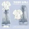 Conjunto de Verano para Niña 2026 Nuevo Estilo Coreano Niña Grande Verano Elegante Manga Corta Mezclilla Conjunto de Dos Piezas