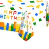Festa temática de blocos de construção coloridos, decoração de fundo, bandeira de aniversário infantil Lego, copo de papel, bandeja de papel, conjunto de toalha de mesa com guardanapo de papel