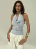 Camiseta Sexy de Cor Sólida com Gola Halter, Manga Curta Emagrecedora, Design Elegante sem Costas e Top sem Mangas Acinturado, Novo Estilo