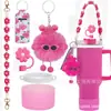 Copo Decorativo Stanley Cup Capa para Copo Chaveiro com Tampa para Canudo Pingente de Pelúcia Pequeno Briquete Conjunto de Acessórios Flor com Laço