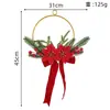 Decoração de anel de metal com flor artificial de Natal com bagas vermelhas, pinhas, laço de veludo, decoração de porta, anel de parede de casa de Natal