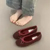 Sapatos de Ballet Femininos Retro Estilo Coreano, Estilo Fada Gentil, Laço, Bico Redondo, Boca Rasa, Sola Macia, Forrados com Lã, Quentes, Sapatos de Algodão, Sapatos de Pelo