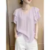 Blusa solta roxa com babados, decote V, manga curta para mulheres, camisa leve de chiffon com mangas curtas tipo babados, camiseta, novo modelo 2026
