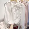 Nueva Blusa de Chifón Elegante de Moda Estilo Coreano para Primavera y Otoño con Cuello Alto, Corbata, Perlas, Manga Larga para Mujer