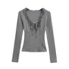 Camiseta Base de Manga Larga Estilo Americano Picante Sexy Ajustada de Encaje con Cuello en V Forro de Vellón de Cachemira para Mujer Top Modelo Nuevo Primavera 2026