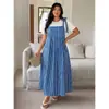 Vestido Largo de Tirantes de Verano Nuevo Transfronterizo Tallas Grandes con Tirantes de Hombro de Lazo Estilo Europeo y Americano, Corte Holgado, Cubre Vientre, con Bolsillos, y Vestido sin Tirantes