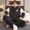 Pijama com Zíper Masculino Outono Inverno Coral Fleece Espessado Mais Veludo Quente Jovens Cardigan Roupas de Casa Conjunto Casual Masculino