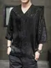 Camiseta de verano fina de manga tres cuartos, jacquard, tacto frío, seda de hielo, estilo chino, corte holgado, con estampado de dragón, camiseta tradicional Hanfu para hombre, estilo antiguo