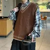 Chaleco suéter de punto trenzado con cuello en V estilo universitario para hombre, suéter de punto en capas retro moderno para otoño e invierno