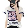 Camiseta de punto de bambú y lino de manga corta para mujer, estilo nuevo de verano 2024, con estampado de color contrastante, top tipo jersey