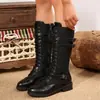 26 Inverno Novo Comércio Exterior Tamanho Grande Fivela Botas de Montaria Cano Alto Feminino Outono Novo Bico Redondo Salto Bloco Cadarço Botas de Couro