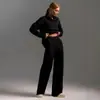 Moda 2026 Amazon Tiktok Transfronteiriço Europeu e Americano Cor Sólida Conjunto Outono Inverno Gola Polo Calça de Pernas Largas Conjunto de Duas Peças para Mulheres