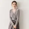 Cardigã com detalhe de renda de cashmere, suéter curto feminino com decote V, cardigã de lã tricotado, manga longa, estilo outono/inverno