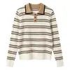 Exquisito suéter de punto a rayas con cuello polo para mujer, temporada de primavera y otoño, top básico de manga larga ajustado acanalado de color contrastante, estilo perezoso