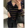 Suéter de Lã 100% Novo Estilo Outono e Inverno Redutor de Idade Feminino Gola Grande Solto Estilo Coreano Listrado Macio Malha de Caxemira