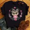 Camiseta Estampada de Búho de Dibujos Animados Maycar para Mujer Camisa con Estampado Kawaii Manga Corta Casual Camiseta Negra para Mujer Cuello Redondo