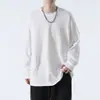 Camiseta de algodão puro estilo college, soltinha, cor cinza escuro, manga longa, masculina, para primavera e outono, suéter para usar por baixo, cor sólida, camisa básica, tamanhos grandes masculinos