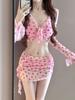 HURUN Traje de Baño Bikini para Mujer Cuatro Piezas Delgado Sexy 2024 Moderno para Chicas Estudiantes Vacaciones Recogida Pecho Pequeño