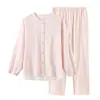Pijama de Algodón a Rayas Degradadas Estilo Muji Gasa de Doble Capa Primavera, Otoño y Verano Conjuntos de Ropa para el Hogar para Parejas Hombres y Mujeres