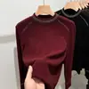 Camiseta Base Térmica de Doble Cara de Color Sólido para Invierno con Cuello Semi-Alto de Pedrería para Mujer 2025 Nueva Versátil Ajustada Cálida Engrosada