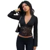 Ropa de otoño para mujer transfronteriza estilo europeo y americano: Tops y camisetas de color liso, escote en V, manga larga, con ribete de encaje, sexys, modernos y que realzan la figura, al por mayor