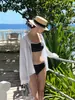 Nuevo Traje de Baño Coreano de Dos Piezas para Mujer, Bikini Negro de Tirantes de Cintura Alta Adelgazante, Traje de Baño Estilo Resort con Protección Solar