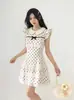 Estilo suave y elegante, cuello de muñeca, lunares, vestido de manga acampanada para mujer, verano, entallado a la cintura, adelgazante, patchwork de encaje, vestido corto, moderno