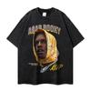 Camiseta Pesada Hip-Hop Rock Masculina Lavada Desgastada Estampada Off-Shoulder Oversize High Street Manga Curta