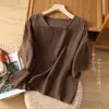 Tops de Linho Tingido em Estoque para Mulheres, Suéteres Artísticos, Camisetas Casuais de Cor Sólida, Roupas Femininas Soltas de Manga Curta