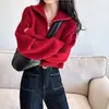Suéter de punto rojo para mujer, cuello medio alto con cremallera, diseño inspirado, corto, 2026 Primavera/Otoño, nuevo suéter de cintura alta, holgado, casual