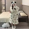 Pijama de franela para mujer, bata con capucha de lunares dulces estilo coreano para otoño/invierno, conjunto de dos piezas de manga larga, ropa de estar cálida