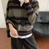 Cárdigan de lana pura a rayas retro Melard, cárdigan de punto con cuello polo para mujer, suéter abrigo de corte holgado y adelgazante