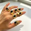 Anillo Abierto de Acero de Titanio Imitación Ágata Negra Retro Chapado en Oro de 18K, Resistente al Color, Sensación de Alta Gama, Joyería de Acero Inoxidable para Manos al por Mayor